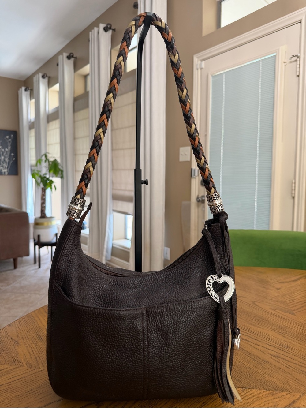 Brighton Barbados Zip Top Pebbled  Leather Shoulder Bag with Braided Strap